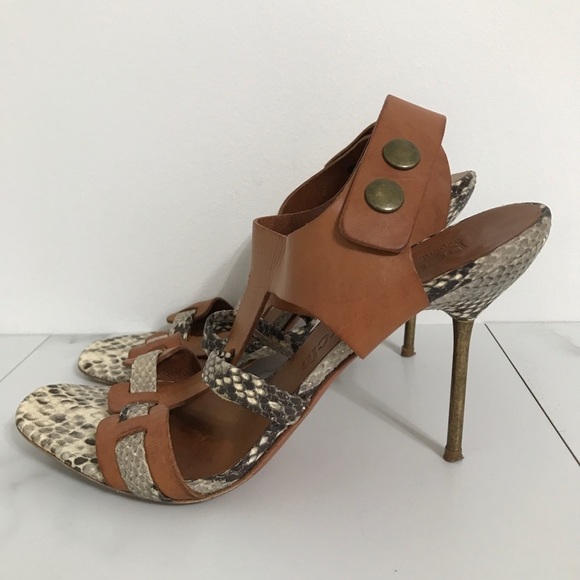 Pedro Garcia Snakeskin Print Open Toe Heels
